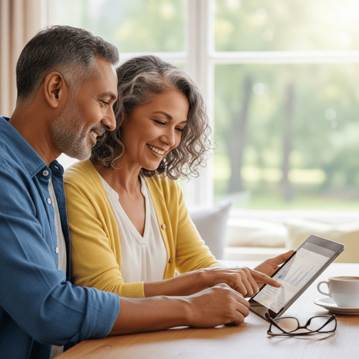 A happy couple, appearing to be in their retirement years, reviewing financial plans on a tablet, symbolizing shared financial planning and security through a Spousal IRA.