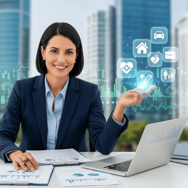 An insurance broker, a professional providing independent advice, helping a client navigate various insurance policies and coverage options, with financial documents and a laptop on the desk.