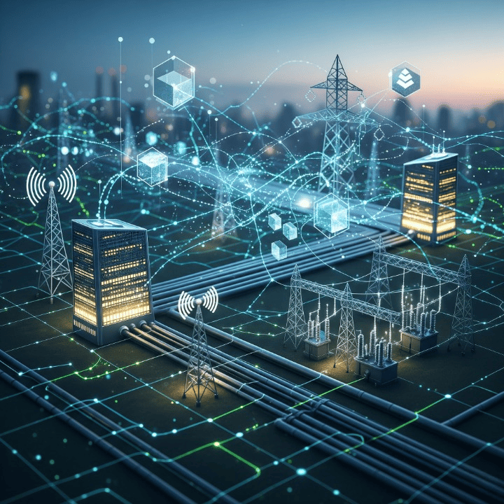 Decentralized Physical Infrastructure Network (DePIN) concept, showing a global network grid with interconnected nodes, blockchain technology symbols, and various physical infrastructure elements like data centers, energy symbols, and wireless signals, representing a blend of digital and physical assets.