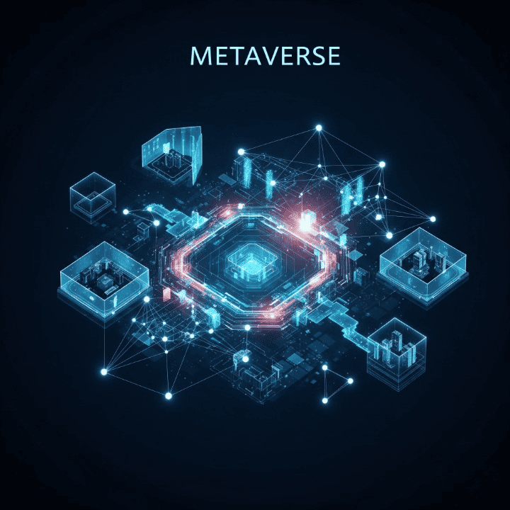 Illustration of the Metaverse with VR headsets, digital assets, virtual real estate, and financial graphs, representing investment opportunities in a futuristic digital world.