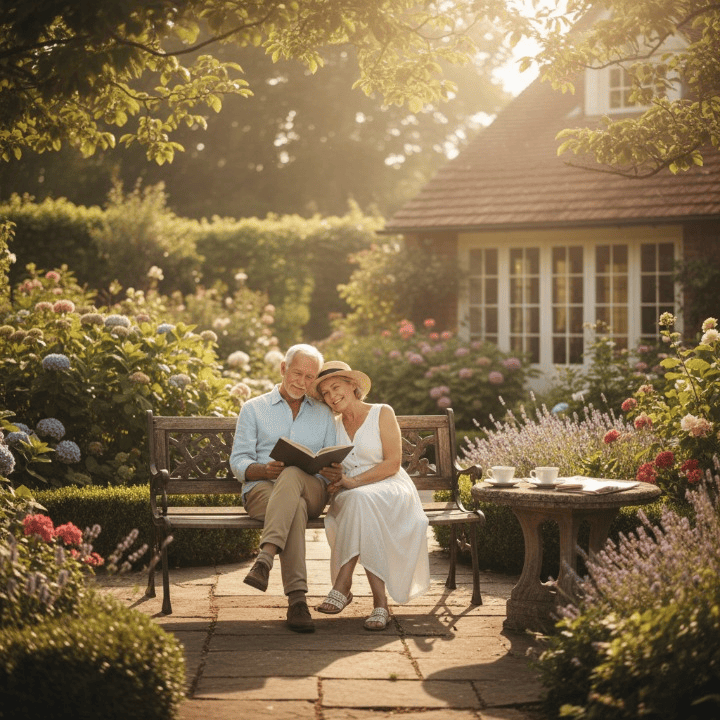 A couple enjoying a peaceful and financially secure comfortable retirement, embodying the goal of long-term financial planning.