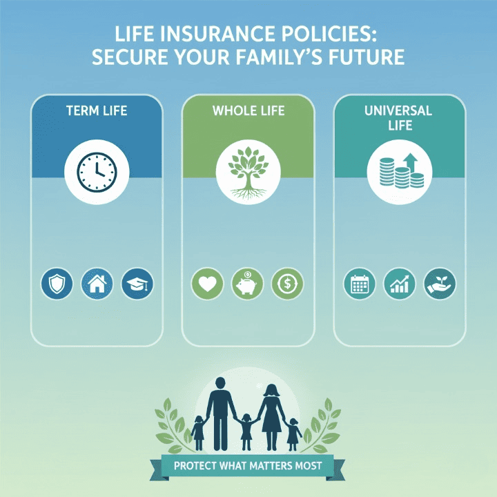 Infographic detailing term, whole, and universal life insurance benefits, emphasizing financial protection for families.