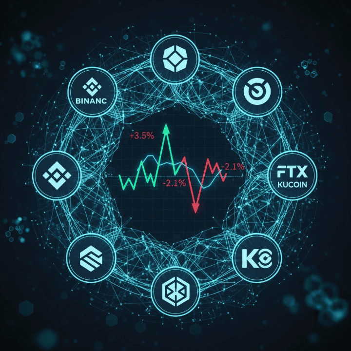 Illustration of crypto arbitrage showing price differences across various cryptocurrency exchanges with connecting data lines.