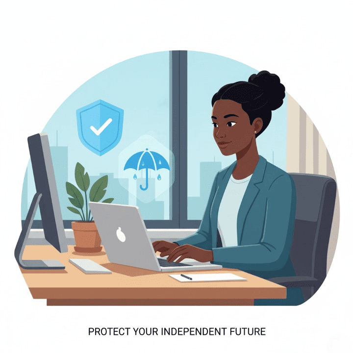 A consultant working on a laptop, protected by a symbolic shield, representing Errors and Omissions (E&O) insurance.