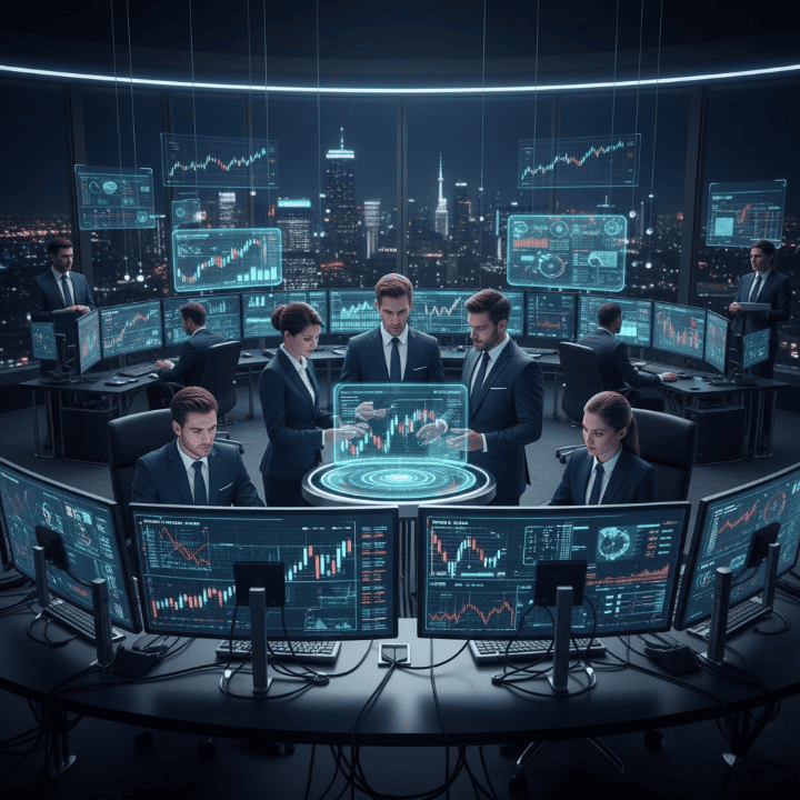 Hedge fund analysts collaborating in a modern trading room, analyzing complex financial data on multiple screens, depicting the high-stakes environment of investment management.