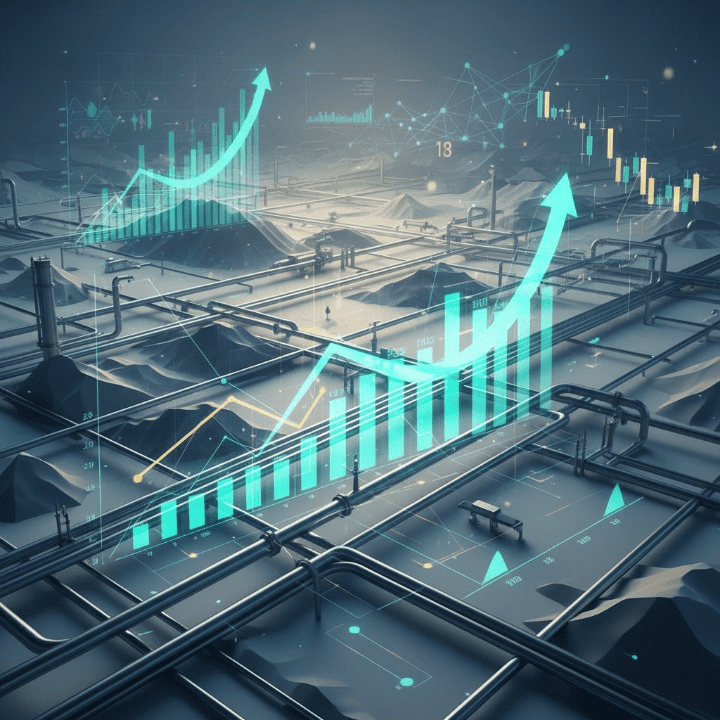Energy pipelines stretching across a scenic landscape with financial graphs and dollar signs superimposed, representing Master Limited Partnerships as a high-yield investment opportunity in the energy sector.