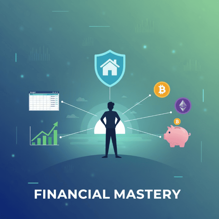 Illustration of financial planning success, showing a person overlooking diverse financial elements like investments, cryptocurrency, savings, and insurance, symbolizing financial freedom and security.