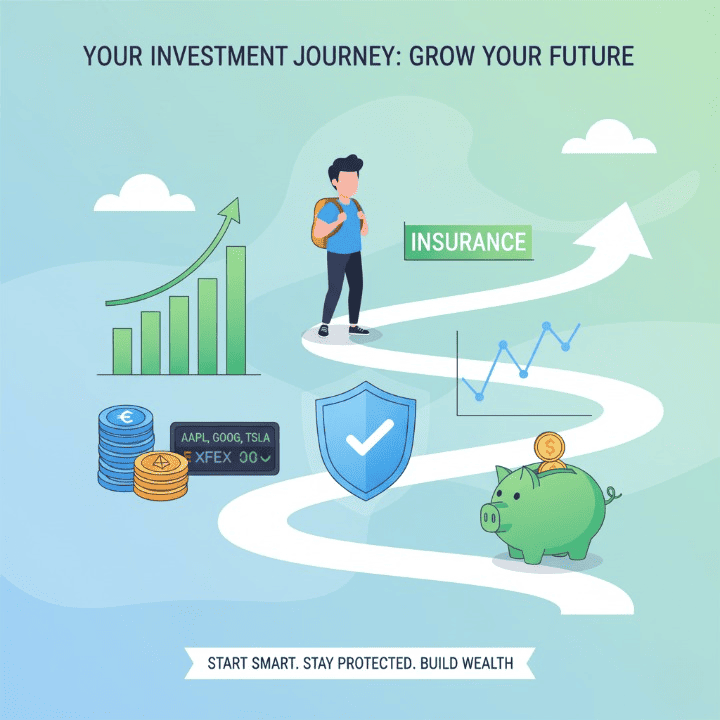 A graphic illustrating a beginner investor confidently moving through the stock market, surrounded by symbols of diverse investments including stocks, cryptocurrencies, insurance, and retirement planning.