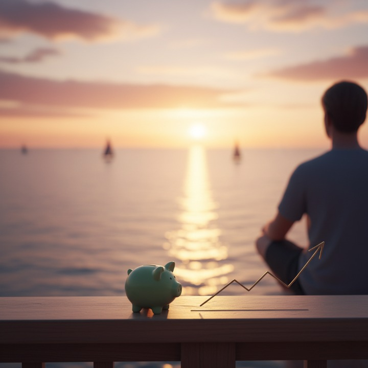 A person observing a tranquil sunset over water, representing peaceful and secure retirement planning and financial independence.
