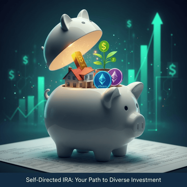 Illustration of a Self-Directed IRA (SDIRA) containing diverse assets like real estate, gold, and cryptocurrency within a stylized piggy bank on a financial plan blueprint, symbolizing varied investment opportunities for retirement.