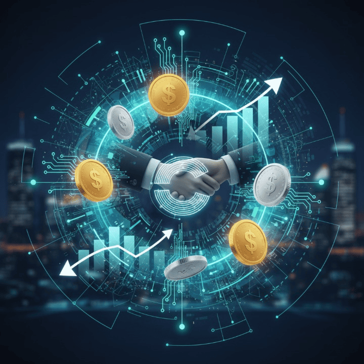 A futuristic visual representing digital currency flowing into a traditional financial system, with blockchain networks and data visualized in the background, symbolizing the integration and evolution of money.